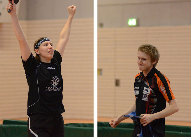 In Siegerpose: Die neuen Bayerischen Meister Katharina Schneider und Alexander Flemming. Foto: Nils Rack