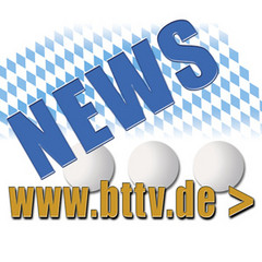 Zeigt den Text "News" und "www.bttv.de" zusammen mit drei Tischtennisbällen und im Hintergrund die Bayern-Raute