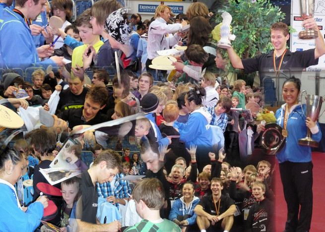 Reichlich Autogramme hatten die deutschen Meister und Nationalspieler nach den Siegerehrungen zu schreiben. Collage: Johannes Singer